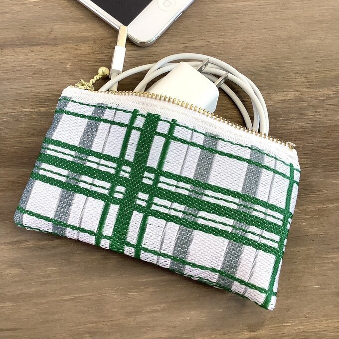 【タータンチェック】畳縁 ぺたんこ ミニポーチ 小銭入れ カードケース 緑色 シンプル