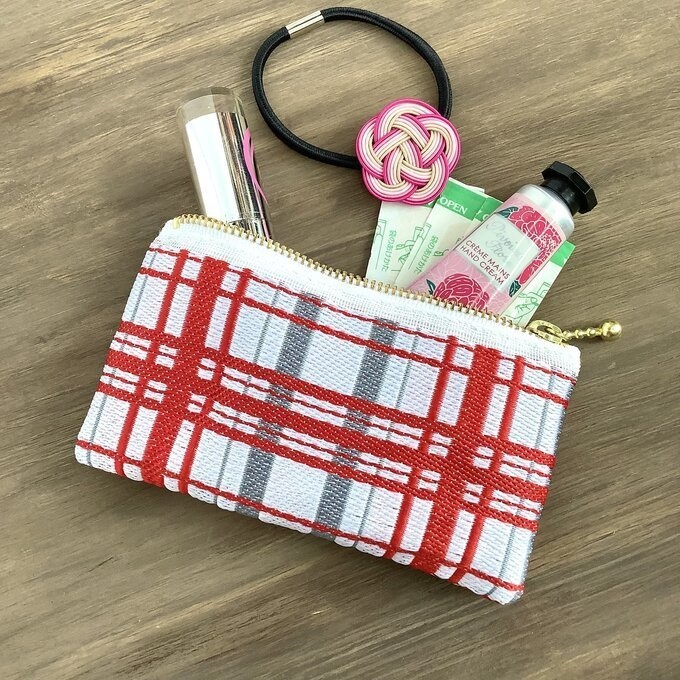 【タータンチェック】畳縁 ぺたんこ ミニポーチ 小銭入れ カードケース 赤 シンプル