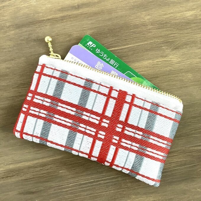 【タータンチェック】畳縁 ぺたんこ ミニポーチ 小銭入れ カードケース 赤 シンプル
