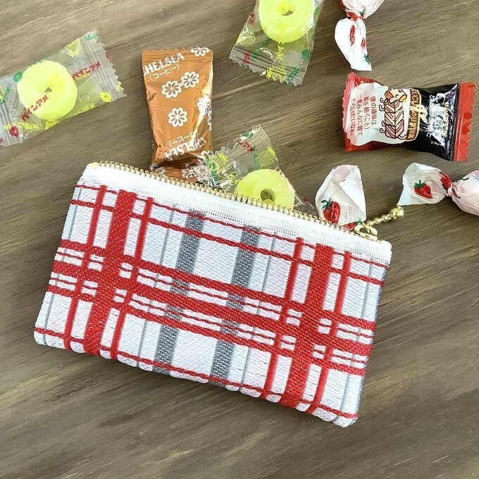 【タータンチェック】畳縁 ぺたんこ ミニポーチ 小銭入れ カードケース 赤 シンプル