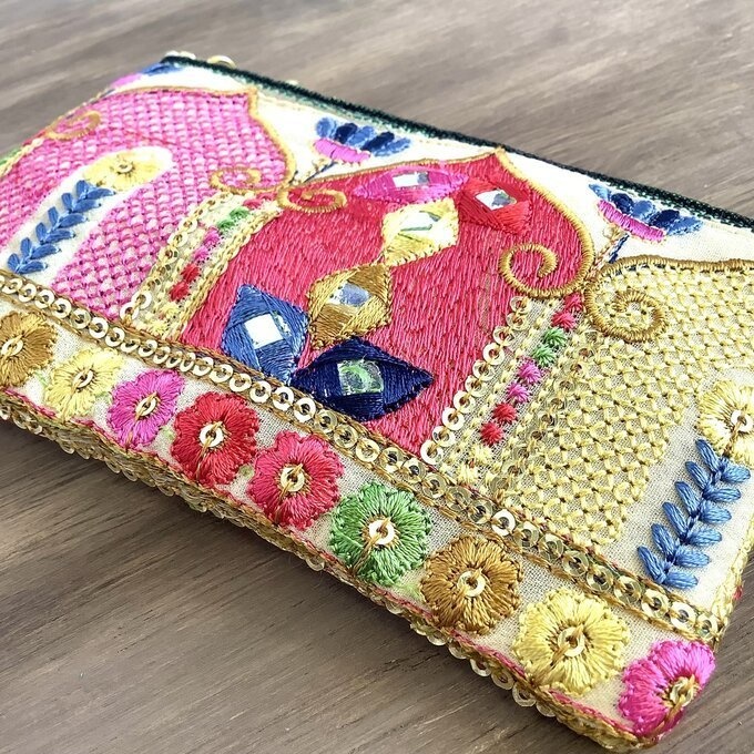 【マハラジャ】畳縁&インド刺繍リボン ぺたんこ ミニポーチ 小銭入れ カードケース オリエンタル キラキラ