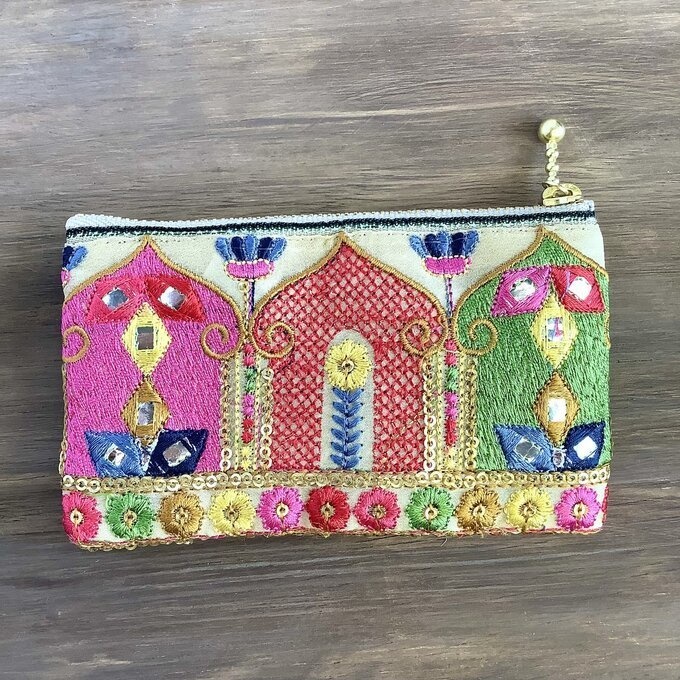 【マハラジャ】畳縁&インド刺繍リボン ぺたんこ ミニポーチ 小銭入れ カードケース オリエンタル キラキラ