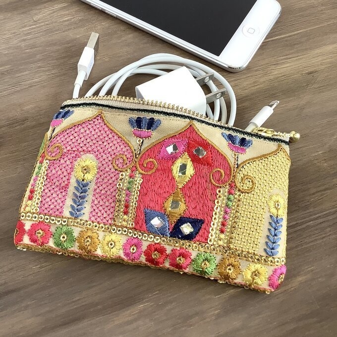 【マハラジャ】畳縁&インド刺繍リボン ぺたんこ ミニポーチ 小銭入れ カードケース オリエンタル キラキラ