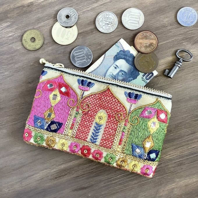 【マハラジャ】畳縁&インド刺繍リボン ぺたんこ ミニポーチ 小銭入れ カードケース オリエンタル キラキラ
