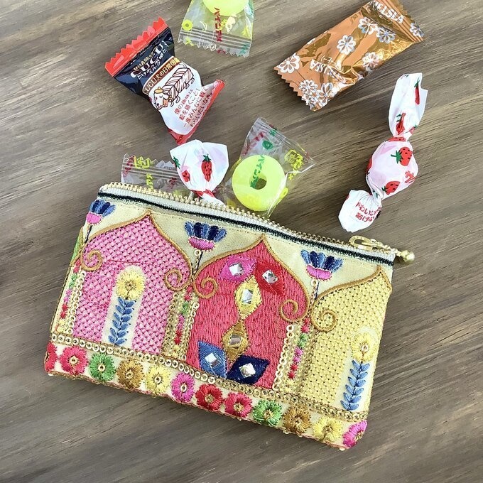 【マハラジャ】畳縁&インド刺繍リボン ぺたんこ ミニポーチ 小銭入れ カードケース オリエンタル キラキラ
