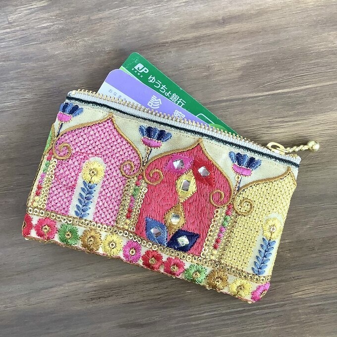 【マハラジャ】畳縁&インド刺繍リボン ぺたんこ ミニポーチ 小銭入れ カードケース オリエンタル キラキラ