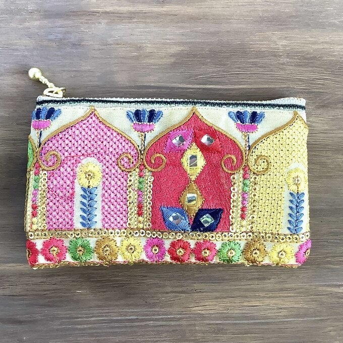 【マハラジャ】畳縁&インド刺繍リボン ぺたんこ ミニポーチ 小銭入れ カードケース オリエンタル キラキラ