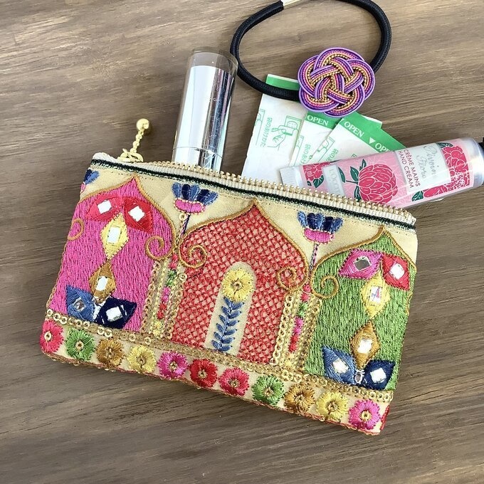 【マハラジャ】畳縁&インド刺繍リボン ぺたんこ ミニポーチ 小銭入れ カードケース オリエンタル キラキラ