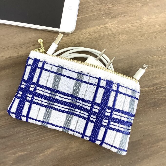 【タータンチェック】畳縁 ぺたんこ ミニポーチ 小銭入れ カードケース 青 シンプル