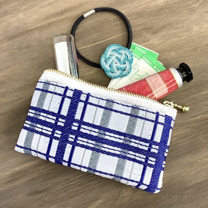 【タータンチェック】畳縁 ぺたんこ ミニポーチ 小銭入れ カードケース 青 シンプル