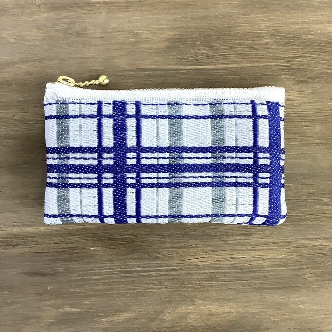 【タータンチェック】畳縁 ぺたんこ ミニポーチ 小銭入れ カードケース 青 シンプル