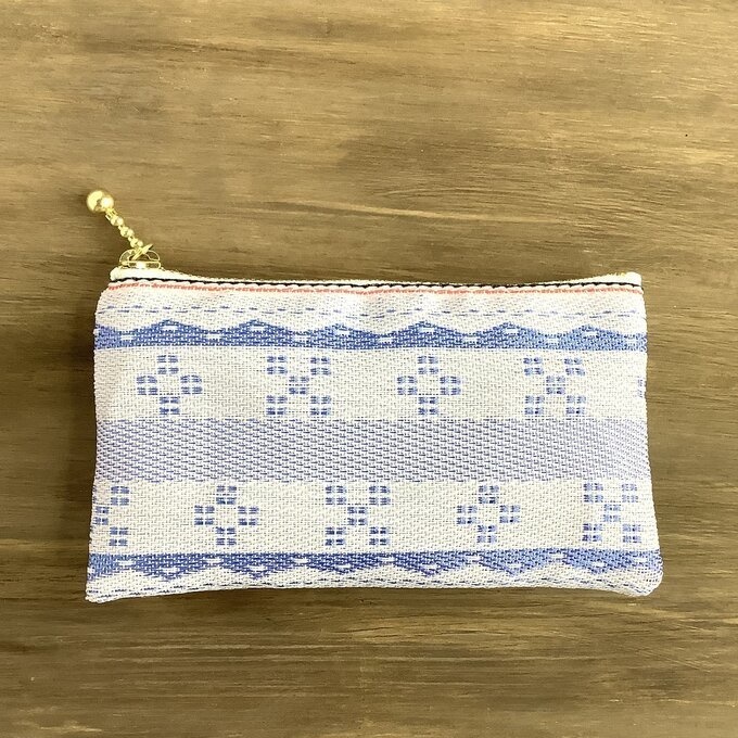 【ミンサー柄】畳縁 ぺたんこ ミニポーチ 小銭入れ カードケース 水色 白 沖縄 ちゅらべり 縁起物