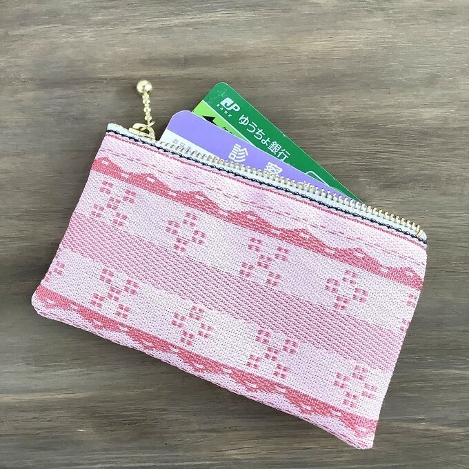 【ミンサー柄】畳縁 ぺたんこ ミニポーチ 小銭入れ カードケース ピンク 白 沖縄 ちゅらべり 縁起物