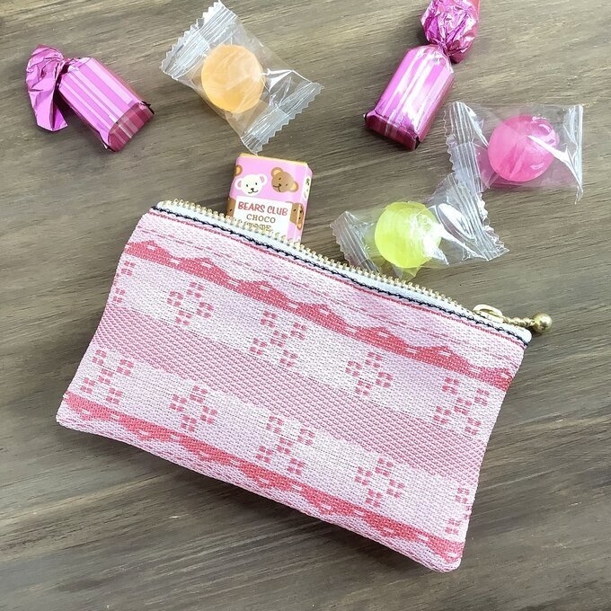 【ミンサー柄】畳縁 ぺたんこ ミニポーチ 小銭入れ カードケース ピンク 白 沖縄 ちゅらべり 縁起物