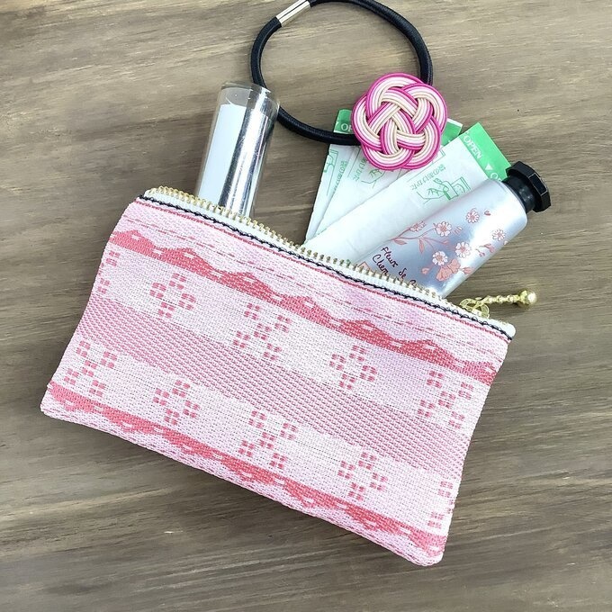 【ミンサー柄】畳縁 ぺたんこ ミニポーチ 小銭入れ カードケース ピンク 白 沖縄 ちゅらべり 縁起物