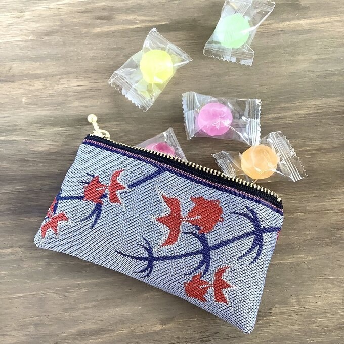 【金魚】畳縁 ぺたんこ ミニポーチ カードケース 小銭入れ ブルーグレー 青 灰色 和風 シノワズリ