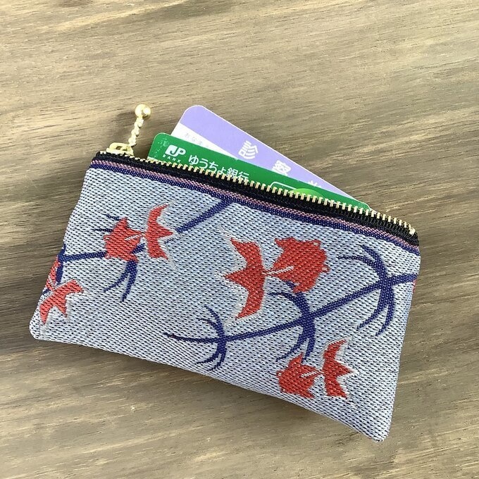 【金魚】畳縁 ぺたんこ ミニポーチ カードケース 小銭入れ ブルーグレー 青 灰色 和風 シノワズリ