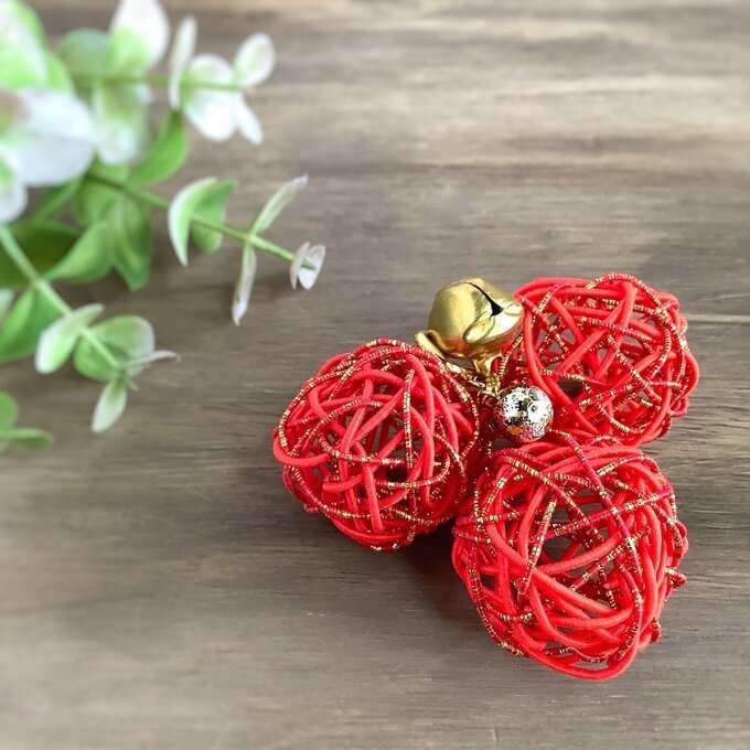 くるくる 水引玉 ポニーフック 赤 金 鈴付き 大ぶり