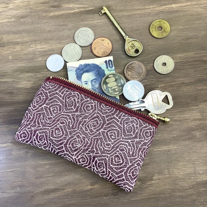 【渦巻薔薇】畳縁 ぺたんこ ミニポーチ カードケース 小銭入れ ワイン ボルドー バラ 和風 アールデコ