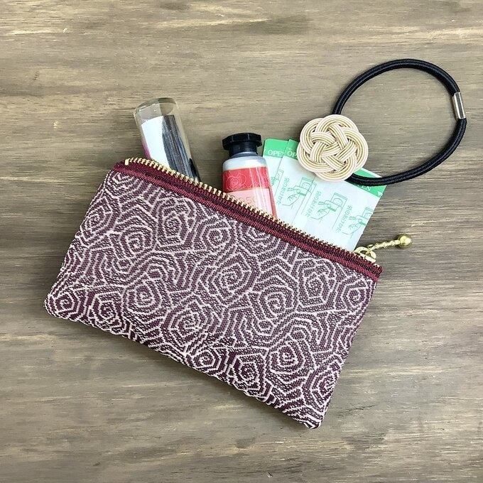 【渦巻薔薇】畳縁 ぺたんこ ミニポーチ カードケース 小銭入れ ワイン ボルドー バラ 和風 アールデコ