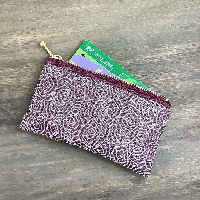 【渦巻薔薇】畳縁 ぺたんこ ミニポーチ カードケース 小銭入れ ワイン ボルドー バラ 和風 アールデコ
