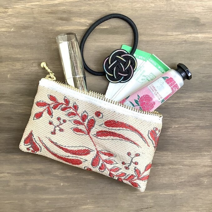 【フレンチリーフ】畳縁 ぺたんこ 小銭入れ ミニポーチ カードケース ベージュ 葉 大人可愛い