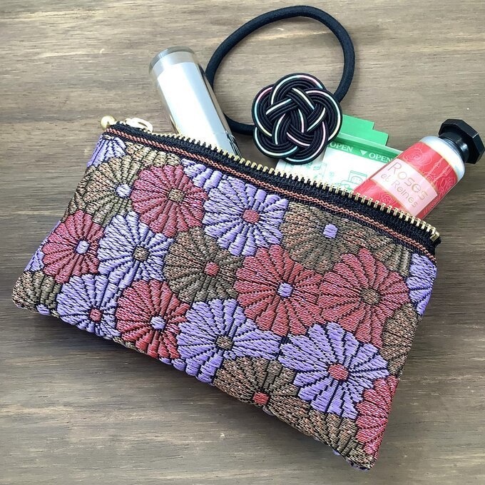 【菊花】畳縁 ぺたんこ ミニポーチ カードケース 小銭入れ 和風 ピンク 金 ラベンダー デイジー