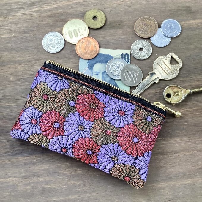 【菊花】畳縁 ぺたんこ ミニポーチ カードケース 小銭入れ 和風 ピンク 金 ラベンダー デイジー