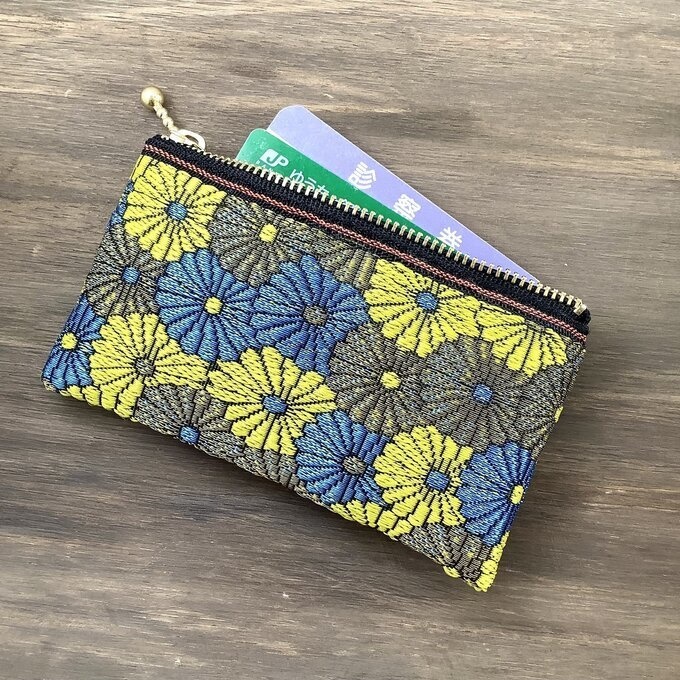【菊花】畳縁 ぺたんこ ミニポーチ カードケース 小銭入れ 和風 青 金 黄色 デイジー