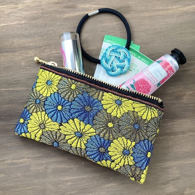 【菊花】畳縁 ぺたんこ ミニポーチ カードケース 小銭入れ 和風 青 金 黄色 デイジー