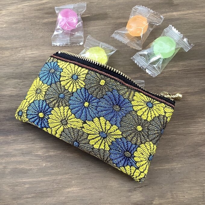 【菊花】畳縁 ぺたんこ ミニポーチ カードケース 小銭入れ 和風 青 金 黄色 デイジー