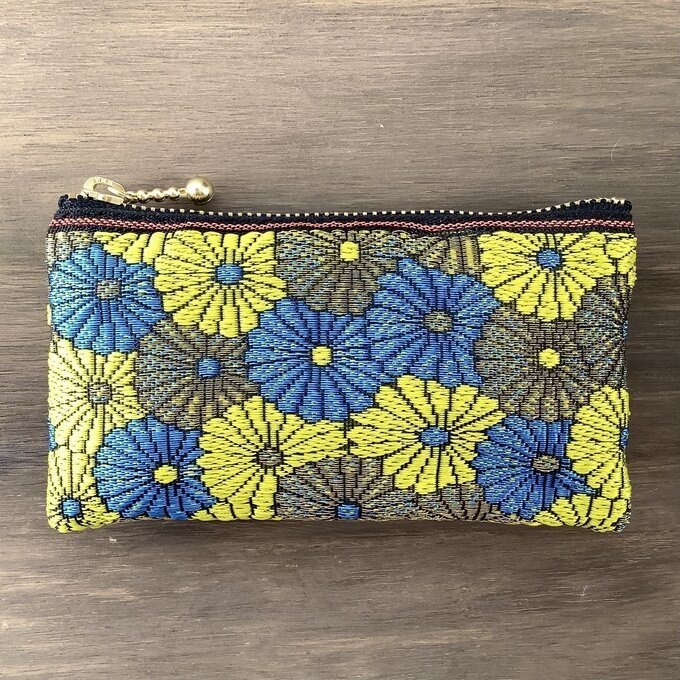 【菊花】畳縁 ぺたんこ ミニポーチ カードケース 小銭入れ 和風 青 金 黄色 デイジー