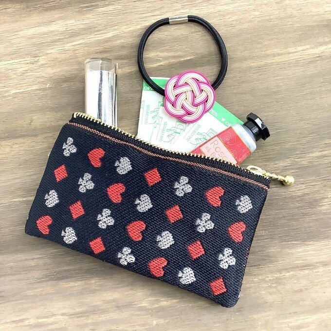 【トランプ柄】畳縁 ミニポーチ カードケース 小銭入れ 黒 ハート スペード