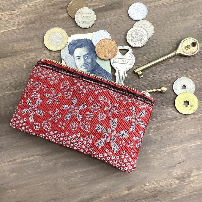 【満開の桜】畳縁 ミニポーチ カードケース 小銭入れ 赤