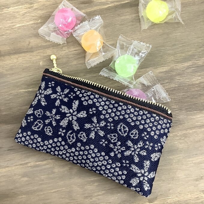 【満開の桜】畳縁 ミニポーチ カードケース 小銭入れ 紺