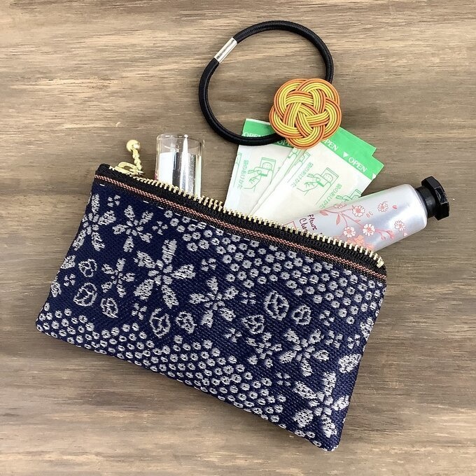【満開の桜】畳縁 ミニポーチ カードケース 小銭入れ 紺