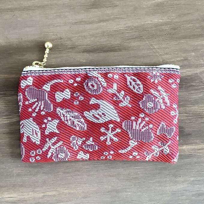 【小鳥と花と・・・】畳縁 ぺたんこ ミニポーチ 小銭入れ カードケース 茜色 赤 大人可愛い