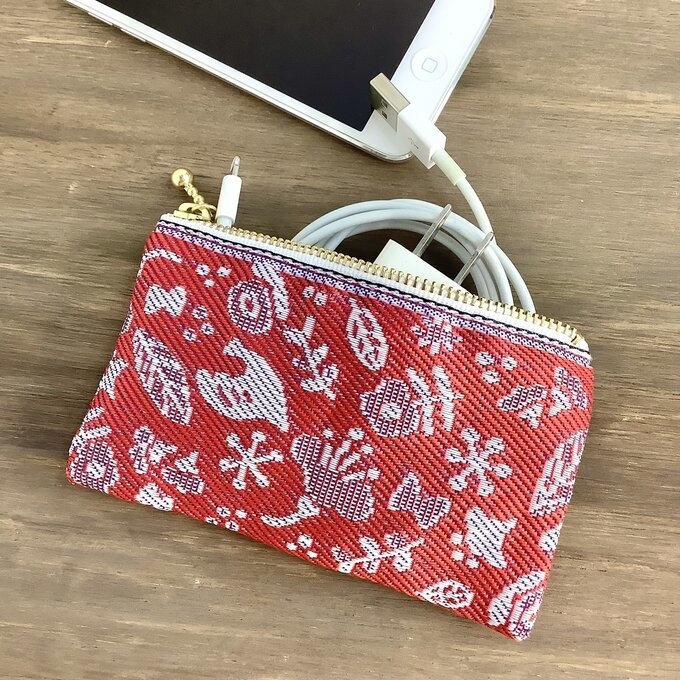 【小鳥と花と・・・】畳縁 ぺたんこ ミニポーチ 小銭入れ カードケース 茜色 赤 大人可愛い