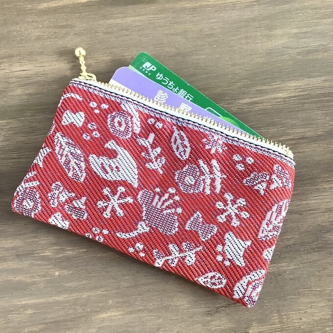 【小鳥と花と・・・】畳縁 ぺたんこ ミニポーチ 小銭入れ カードケース 茜色 赤 大人可愛い