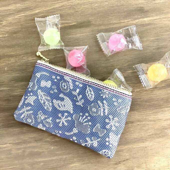 【小鳥と花と・・・】畳縁 ぺたんこ ミニポーチ 小銭入れ カードケース 薄花色 ブルーグレー 大人可愛い