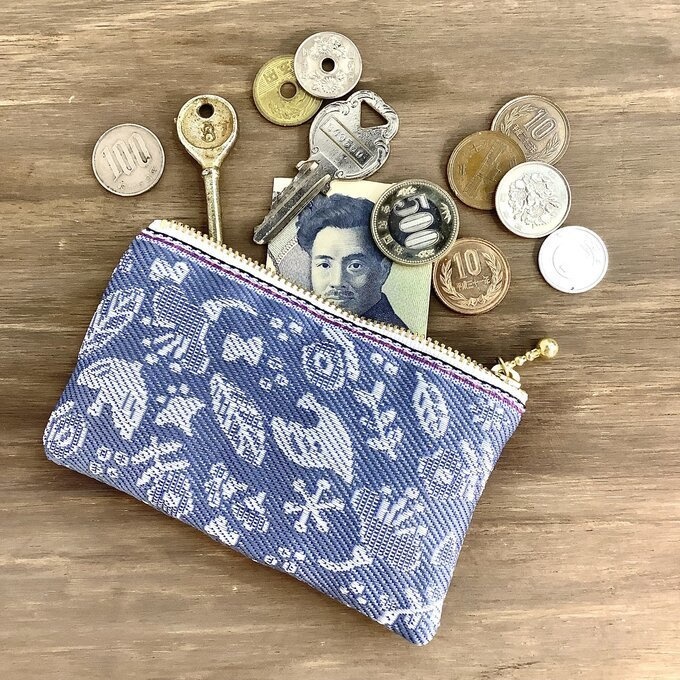 【小鳥と花と・・・】畳縁 ぺたんこ ミニポーチ 小銭入れ カードケース 薄花色 ブルーグレー 大人可愛い