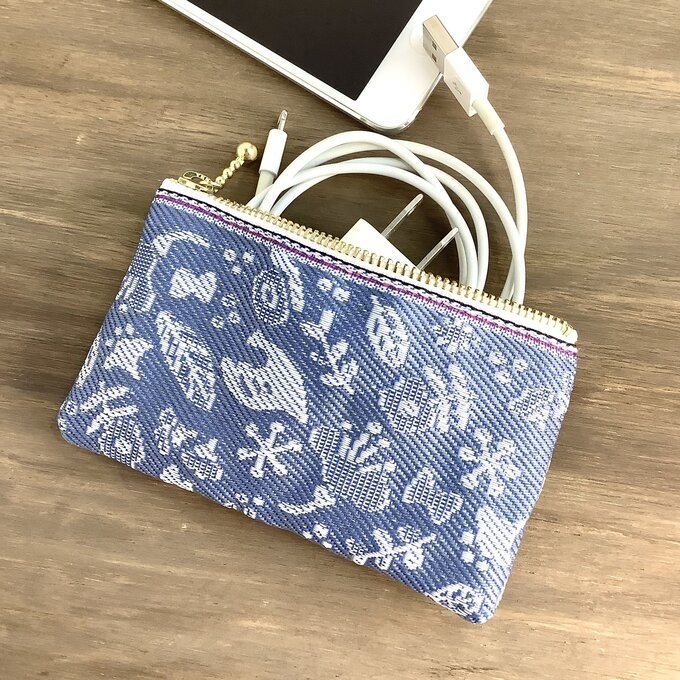 【小鳥と花と・・・】畳縁 ぺたんこ ミニポーチ 小銭入れ カードケース 薄花色 ブルーグレー 大人可愛い