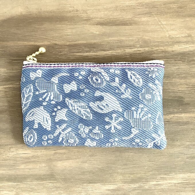 【小鳥と花と・・・】畳縁 ぺたんこ ミニポーチ 小銭入れ カードケース 薄花色 ブルーグレー 大人可愛い