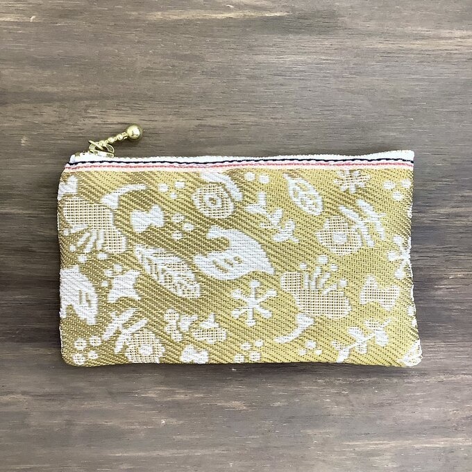 【小鳥と花と・・・】畳縁 ぺたんこ ミニポーチ 小銭入れ カードケース はしばみ色 ゴールド 大人可愛い