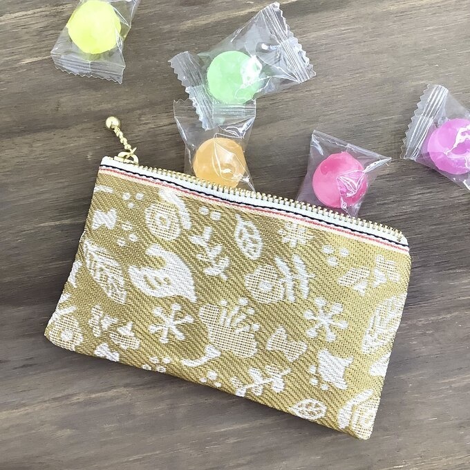【小鳥と花と・・・】畳縁 ぺたんこ ミニポーチ 小銭入れ カードケース はしばみ色 ゴールド 大人可愛い