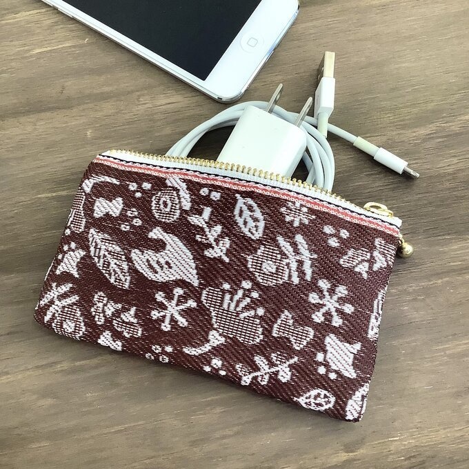 【小鳥と花と・・・】畳縁 ぺたんこ ミニポーチ 小銭入れ カードケース あずき色 マルーン 茶 大人可愛い