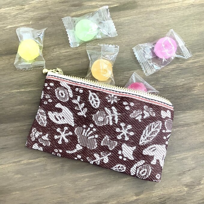 【小鳥と花と・・・】畳縁 ぺたんこ ミニポーチ 小銭入れ カードケース あずき色 マルーン 茶 大人可愛い