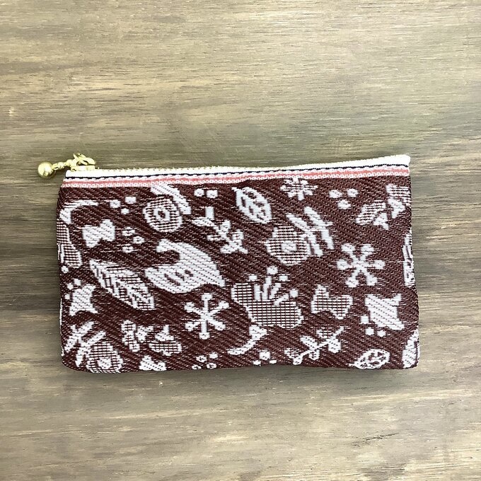 【小鳥と花と・・・】畳縁 ぺたんこ ミニポーチ 小銭入れ カードケース あずき色 マルーン 茶 大人可愛い