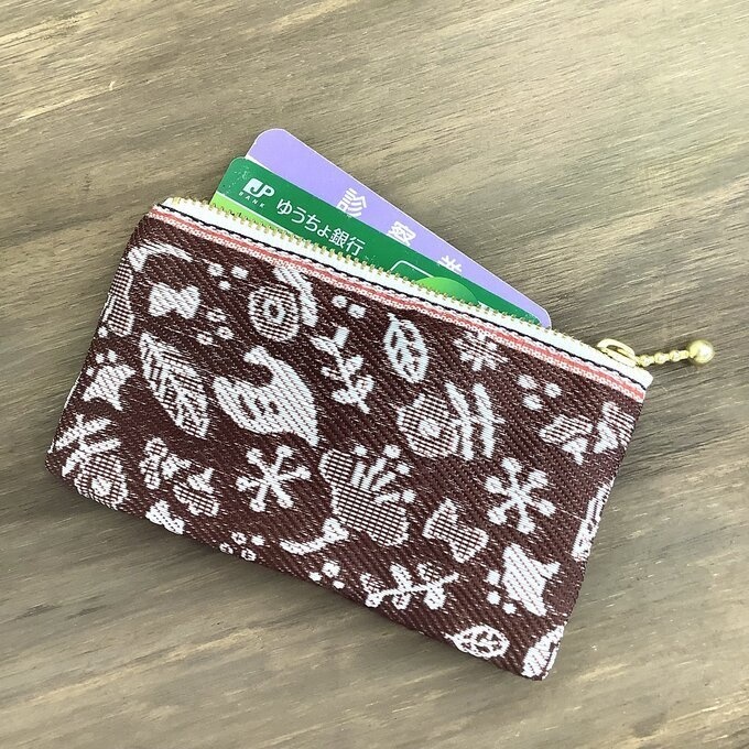【小鳥と花と・・・】畳縁 ぺたんこ ミニポーチ 小銭入れ カードケース あずき色 マルーン 茶 大人可愛い