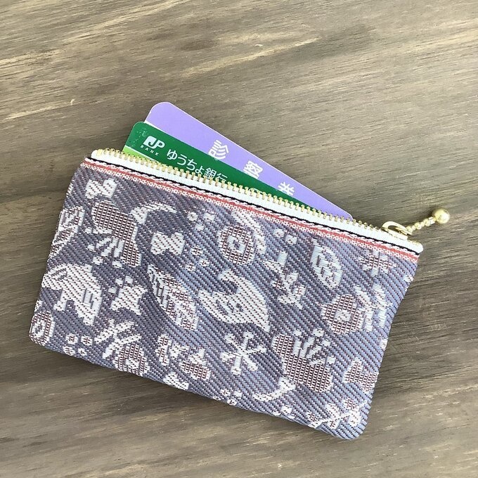 【小鳥と花と・・・】畳縁 ぺたんこ ミニポーチ 小銭入れ カードケース 茶鼠色 ウォームグレー 大人可愛い